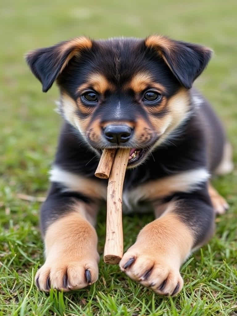 Variety of bully sticks displayed on a wooden surface, with a chew toy and fresh ingredients nearby.